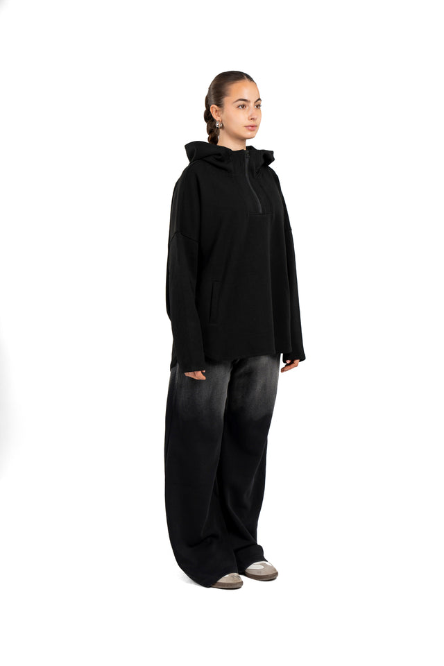 Dropped Shoulder Hoodie With Front Zipper