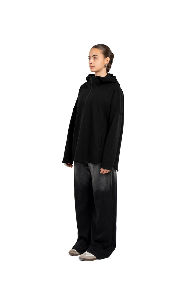 Dropped Shoulder Hoodie With Front Zipper