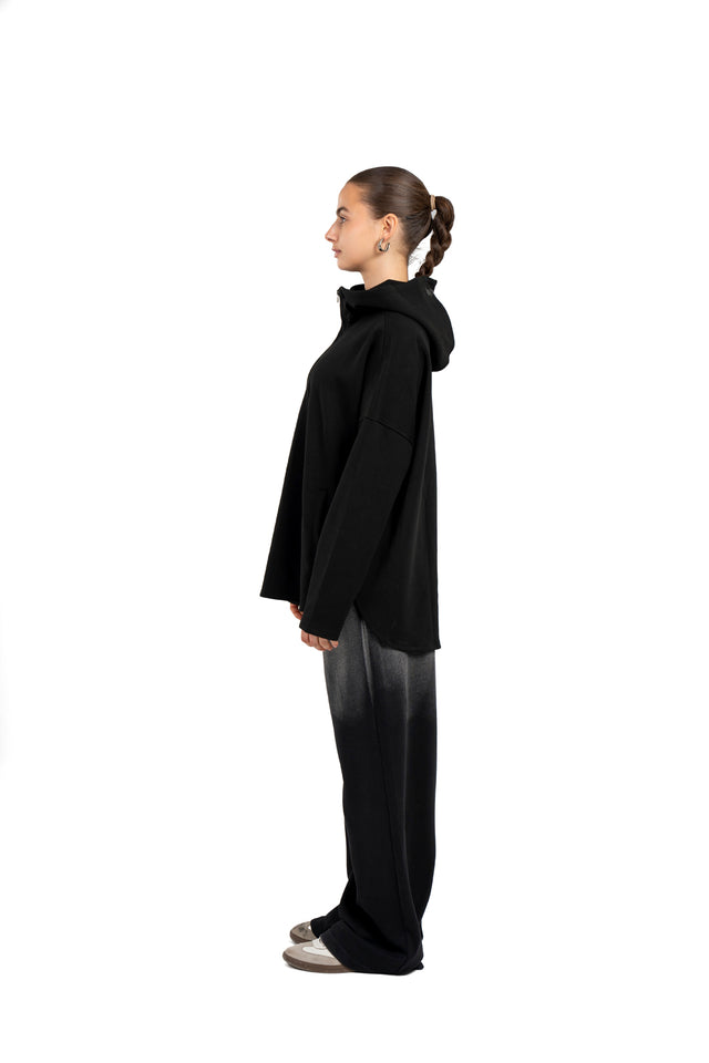 Dropped Shoulder Hoodie With Front Zipper