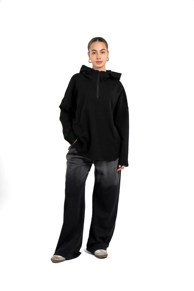 Dropped Shoulder Hoodie With Front Zipper